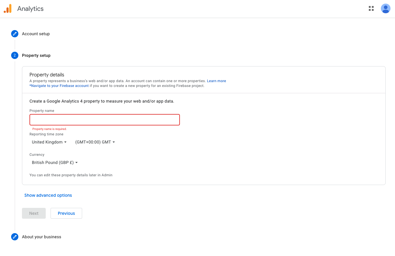 Google Analytics create account